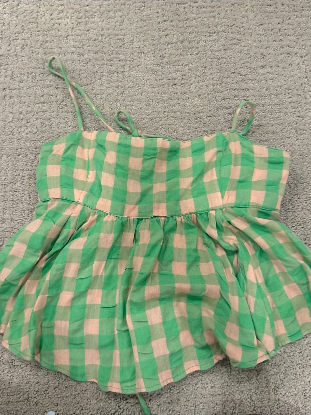 Free People Green and Cream Gingham Peplum Cami